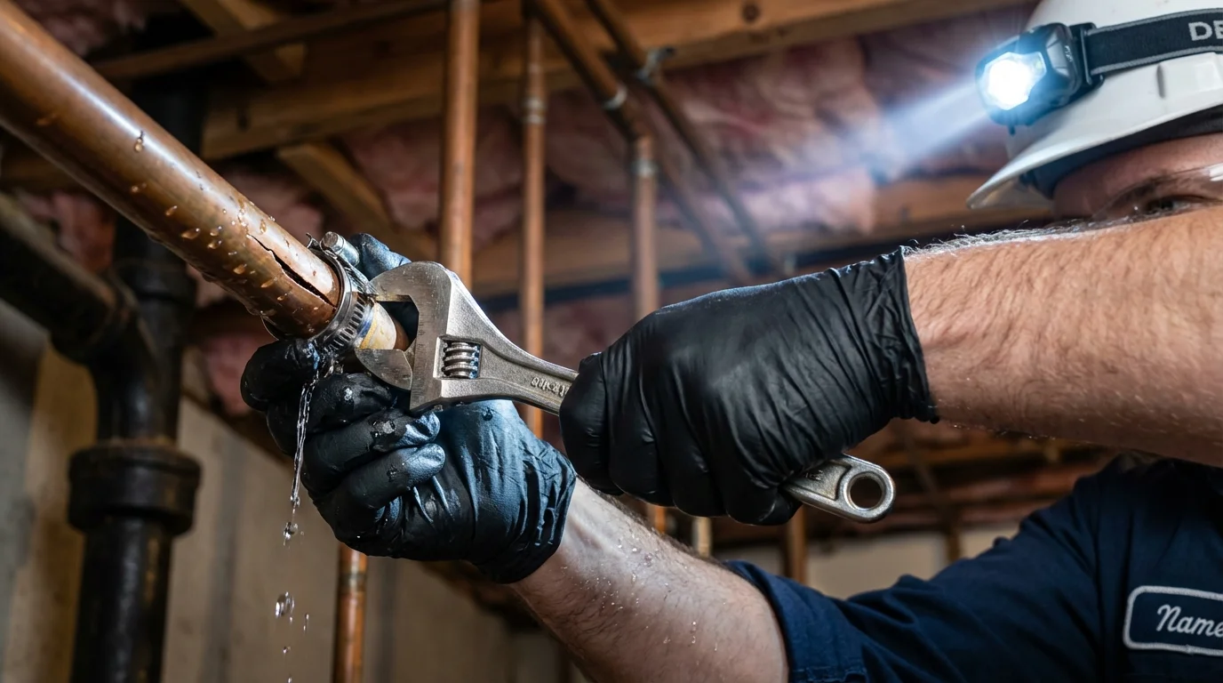 Emergency pipe clamp repair being performed by a Johns Plumbing LLC plumber in Eudora