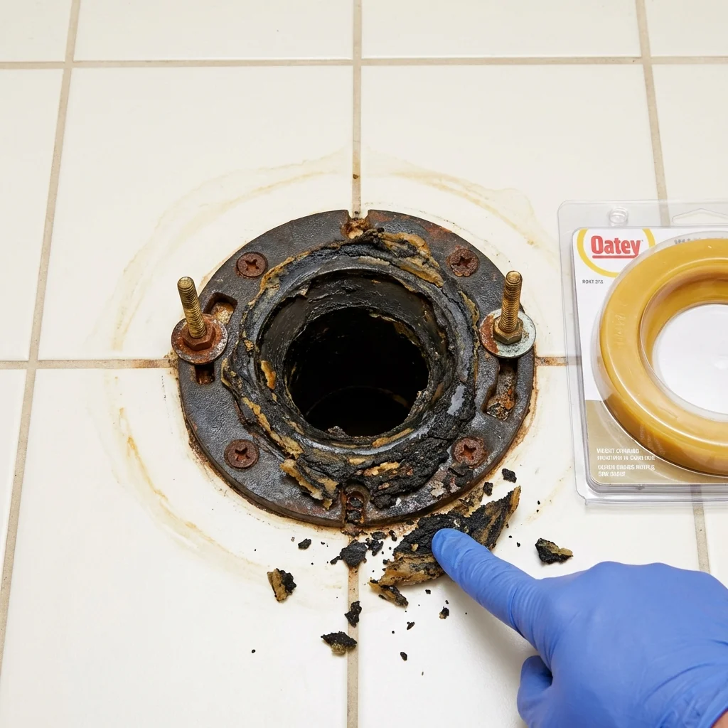 Failed wax ring showing water seepage at the base of a toilet in a Eudora, KS home