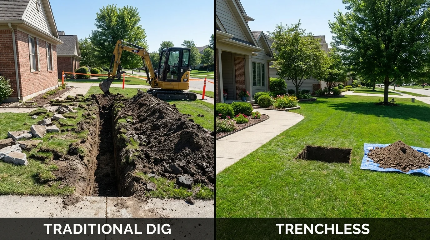 Trenchless sewer repair with minimal yard damage versus traditional excavation in Eudora, KS
